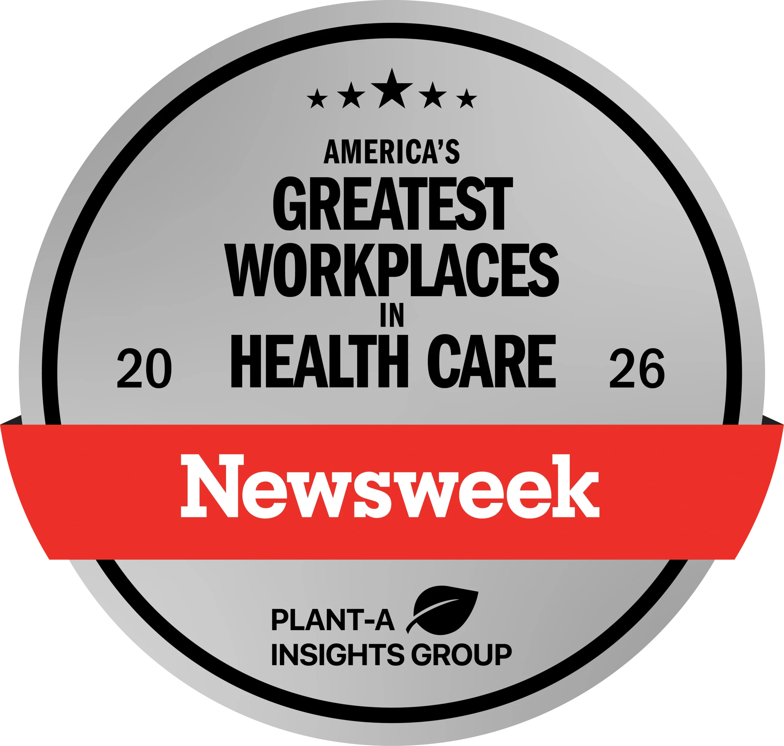 Silver circular badge reading America's Greatest Workplaces in Health Care 2026, Newsweek, Plant-A Insights Group.